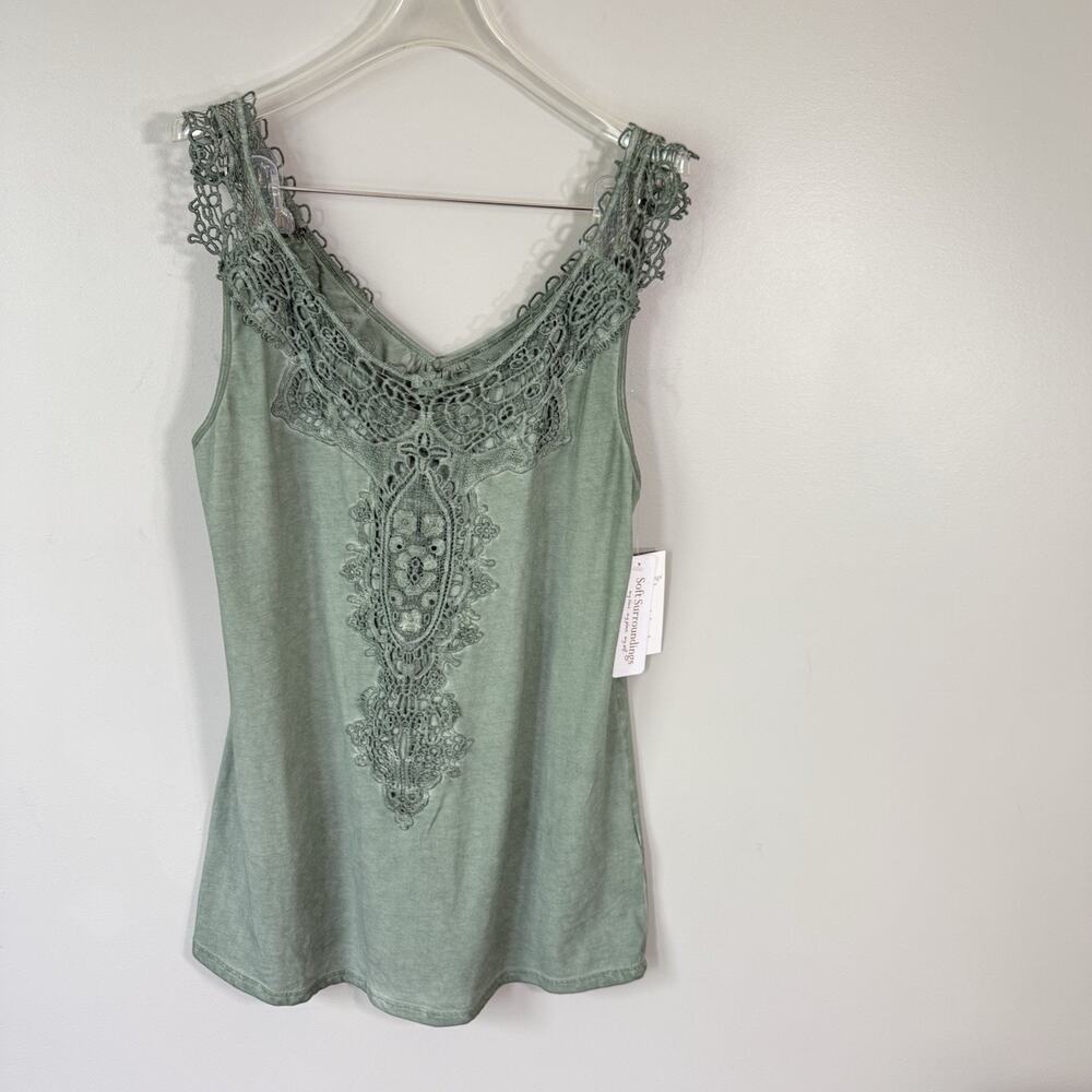 Soft Surroundings Tank Top Burnout Washed Embroidered Boho Artsy L Green New